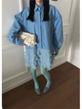 Yeknu  Women Oversized Blue Tiered Pleated Shirt Dress Spring Long Sleeve Ruffle Hem Casual Loose Tops Korean Fashion Woman Shirts