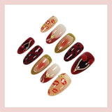 Yeknu  30pcs Cherry Lips Fake Nails Star Embossing Press on Nail Short Almond Full Coverage Nail Tips for Women&Girl False Nail Art