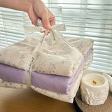 Yeknu Ins floral print Bedding set knitted cotton Flat sheet set Four pieces duvet cover double layer-yarn 4Pcs Cute Fitted sheet