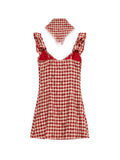 Yeknu  Japanese Prairie Chic O-Neck Flying Sleeve  Mini Dress Women Vintage Plaid Slim A-Line Dress Summer Sweet Sexy One-Piece Frocks