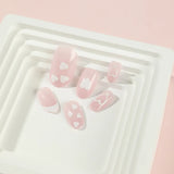 Yeknu  24pcs French White Border Heart-shaped Print Press on Nails Simple Short Nails Full Cover Wearable False Nails