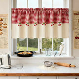 Yeknu  1Pc,Country Style Classic Lattice with Red Cherry Trim Splice Pure Color Short Curtain For Small Window,Chic Curtain For Kitchen