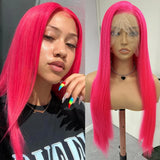 Yeknu  Hot Pink Wig Long Straight Synthetic Hair Lace Front Wigs for Women Bright Pink Long Silky Straight Lace Hair Cosplay Daily Wear