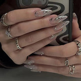 Yeknu  24pcs Long Pointed Gradient Pink False Nails y2k Sliver Flame Printed Wearable Press On Nails Full Finished Acrylic Nail Tips