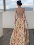 Yeknu  Oversized Pleated Hem Halter Dress Bohemian Floral Print Beach Seaside Holiday Dresses Summer Sleeveless Suspender Long Dress