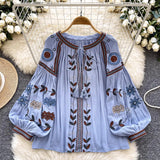 Yeknu  Bohemian Heavy Embroidery Shirt Round Neck Tie Lantern Sleeve Top Female Spring And Autumn New Loose Casual Beach Top Blusas