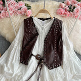Yeknu  Sweet Lace Patchwork Waist Long-sleeved Dress + Leather Vest 2-piece Set Dresses Women's Boho Beach Holiday Short Dress Set
