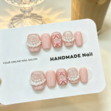 Yeknu  10pcs Handmade Press On Nails Nude Pink Short Square With 3D Bow Fake Nail Lace & Pearl Charms False Nails for Women&Girl
