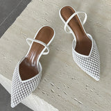 Yeknu  Spring Breathable Mesh Pointed Toe Women Pumps Elegant Slingbacks Thin Low Heels Shoes