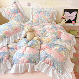 Yeknu  New Yunsoft Cotton Korean INS Age Reduction Lace Cartoon Four-Piece Set Quilt Cover Set Girls Bedding Set