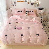 Yeknu Girls Pink Bedding Set with Bow Korean Breathable Duvet Cover No Filler Flat Sheet Pillowcases Mix Color Comforter Cover Set