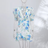 Yeknu  Sexy Print Women Min Dress Urban Deep V-neck Short Puff Sleeve Cascading Ruffle Female Dresses Spring Summer Lady Robe