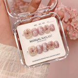 Yeknu  10Pcs Gold Foil & 3D Rhinestone Flower Handmade Nails Nude Cat Eye Press On Nails Short Square Full Cover Reusable False Nails