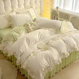 Yeknu  Romantic Lace Design Duvet Cover Set  Lace Bed Skirt King Size Washed Cotton Skin Friendly Breathable For King Size Queen Size
