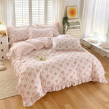 Yeknu New Ruffles 100% Cotton Duvet Cover Set or Single Duvet Covers Floral Princess Style All Cotton Quilt Cover Queen Blanket Cover