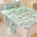 Yeknu  Sweet Floral printed Cool Summer blanket Lace and Ruffle Quilt for Home Skin-Friendly breathable air conditioner Comforters
