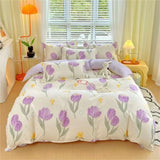 Yeknu  Cute Pink Strawberry Duvet Cover Flat Sheet Pillowcase Floral Bedding Set Girls Bed Linen Soft Thick Washed Cotton Bedclothes