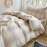 Yeknu  100% Pure Cotton Grid Pattern Bedding Set Skin Friendly Bedsheet Duvet Cover 2 Pillowcases Double Bedclothes for Home Dormitory