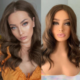 Yeknu  Brown Wig Short Wavy Synthetic Lace Front Wig Natural Frontal Chocolate Brown Brunette Hair Lace Wigs for Women Party Cosplay