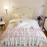 Yeknu  Flowers Lace Ruffles Princess Wedding Bedding Set Full Queen King Duvet Cover Bed Skirt/Bed Sheet/Fitted Sheet Pillowcases 4Pcs
