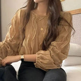 Yeknu  Spring Pullover Long Sleeve Tops Women Loose Pleated Fashion Ladies Cropped Blouses Ruffled Lace Mesh Hollow Woman Tops