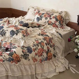 Yeknu  Vintage Oil Painting Floral Cotton Linen Bedding Set Double Layer Lace Ruffles Duvet Cover Set Bed Sheet Pillowcase