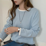 Yeknu  100% Cotton Women O-neck Color Blocking Long Sleeved Shirt Spring and Autumn Loose Fashionable Knitted Long Sleeves High Quality
