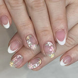 Yeknu  Short Glossy Oval Press-On Nails with French Glitter Tips Spring Flower Designs False Nail Tips for Women&Girls Manicure Look