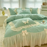 Yeknu  Korean Princess Style Bedding Set Girl Heart Solid Color Double Bed Sheets Washed Cotton Ruffled Bed Cover Sheet Quilt Set