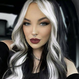 Yeknu  Black with White Highlight Wig Long Wavy Synthetic Lace Front Wigs for Women 13X4 Body Wave Frontal Streak Colored Party Wigs