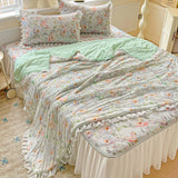 Yeknu  Sweet Floral printed Cool Summer blanket Lace and Ruffle Quilt for Home Skin-Friendly breathable air conditioner Comforters