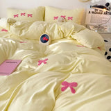Yeknu Girls Pink Bedding Set with Bow Korean Breathable Duvet Cover No Filler Flat Sheet Pillowcases Mix Color Comforter Cover Set