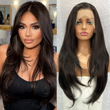 Yeknu  Dark Brown Long Layered Wavy Wigs for Women Free Part Natural Black Curly Synthetic 13X4 Lace Frontal Brunette Wig Daily Party