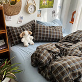 Yeknu  Bedding Set Ins Ambiance Blue Coffee Grid Mixed With Washed Cotton Minimalist Four Piece Set Fitted Sheets Duvet Cover