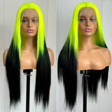 Yeknu  Black with Neon Green Roots Long Silky Straight Lace Front Synthetic Wig Middle Part Ombre Colored Wigs for Women Party Cosplay