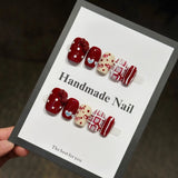 Yeknu  10pcs Polka Dot Grid Press on Nails Wholesale Cute Sweet Square Fake Nails Hand-Painted Bow Heart Nail Art French Red False Nail