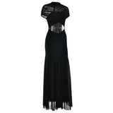 Yeknu  Women Ruched Cutout Maxi Dress Solid Mesh Yoke High Neck Evening Elegant Women Vestido Fashion Glamorous Lady Party Gown