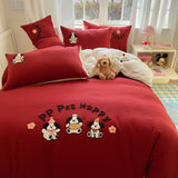 Yeknu Solid Colour embroidery Bedding Set For adults kids Ankela Red Red Flat Sheet With Pillowcases Colorful King Queen Full size
