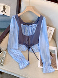 Yeknu  Women's Blue Striped Shirts and Blouses Y2k Vintage Harajuku Aesthetic 2000s Oversize Long Sleeve Shirt Outfits Fashion Clothes