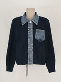 Yeknu  Knitted Autumn Denim Patchwork Cardigan Women Slim Fashion Casual Ladies Cropped Cardigans Korean Style Woman Sweater Coats