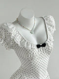 Yeknu  Elamini Sweet Polka Dot Patchwork Ruffle Petal Sleeve Bow Tie Waist Cute Mini Dress For Women