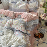 Yeknu 3/4Pcs Korean Princess Style Floral Ruffles Bedding Set Skin-friendly Soft Duvet Cover Set Bed Sheet Or Bed Skirt Pillowcases