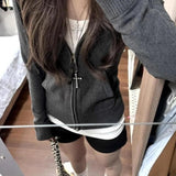Yeknu  Deeptown Gray Hooded Knitted Cardigan Women Korean Style Vintage Zipper Sweaters Knitwear Casual Female Long Sleeve Cardigan