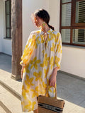 Yeknu  Three-quarter Sleeve Dresses Elegant Loose A-line Print Dress Women Summer Slim Gentle Stand-up Collar Floral Dress