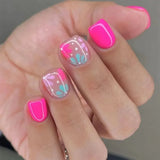 Yeknu  24Pcs Short Almond Press-On Nails Pink Floral French Tip Glossy&Elegant Full Cover Fake Nails for Women&Girls Spring,Daily Wear