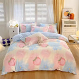 Yeknu  Cute Pink Strawberry Duvet Cover Flat Sheet Pillowcase Floral Bedding Set Girls Bed Linen Soft Thick Washed Cotton Bedclothes