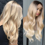Yeknu  Blonde Synthetic Lace Front Wig for Women Long Wavy Black to Light Brown Body Wave Wigs Pre Plucked Heat Resistant