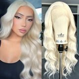 Yeknu  Long Wavy Platinum Blonde Wig Synthetic Loose Body Wave Free Part Natural Curly Colored 13X4 Lace Front Wigs for Women Daily