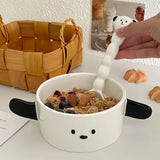 Yeknu  Korean Cute Dog-Shaped Salad Bowl, Spoon Set, Dormitory Noodle Bowl, Ceramic Soup Bowl with Handle, Kawaii Ceramic Plate Dish