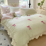 Yeknu  Spring and summer new Korean lace bow four-piece princess style lace washed cotton girl heart pink